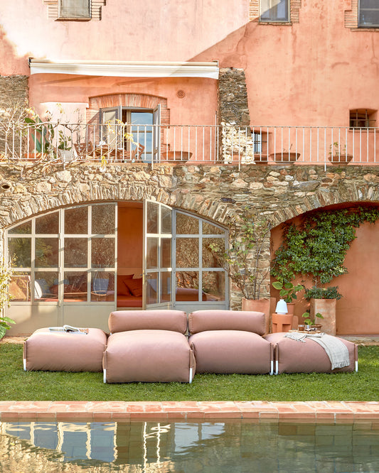 Square chaise longue pouffe with backrest in terracotta with white aluminium, 165 x 101 cm