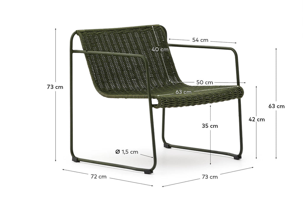 Maurina stackable armchair in green galvanised steel and green rope cord