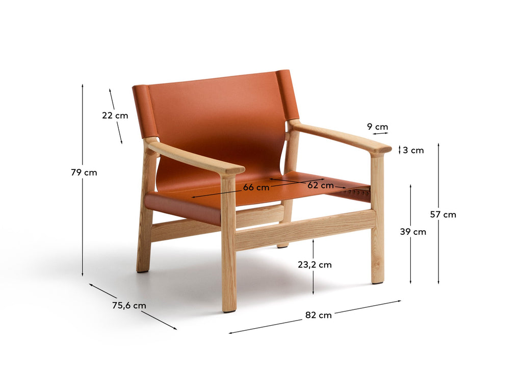Jan armchair made of light brown recycled leather fibres and FSC 100% solid ash wood with natural tone finish