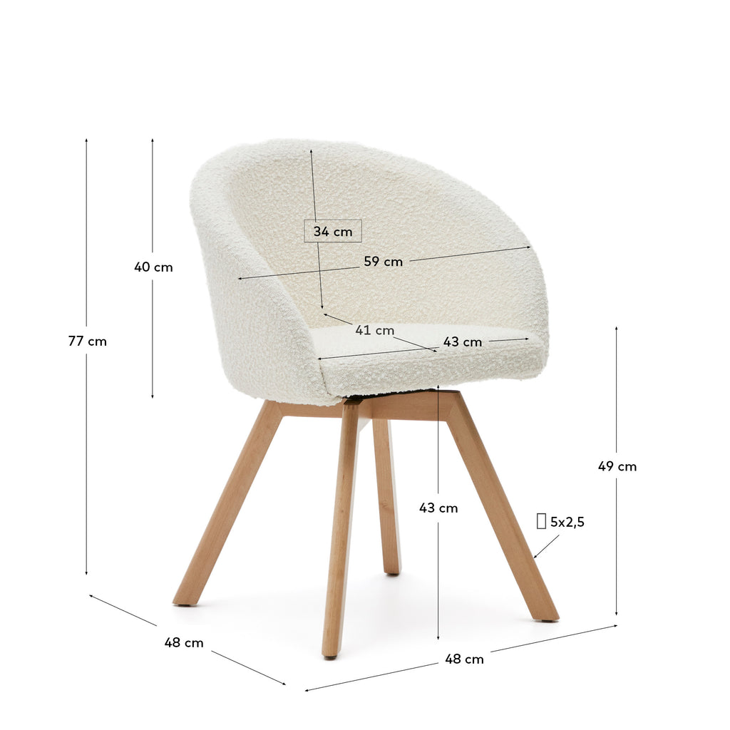 Marvin swivel chair in white bouclé with solid beech wood legs in a natural finish FSC 100%