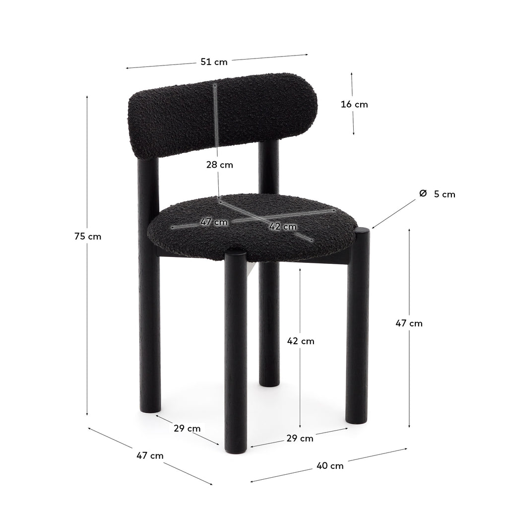 Nebai chair in black bouclé and solid oak wood structure with black finish