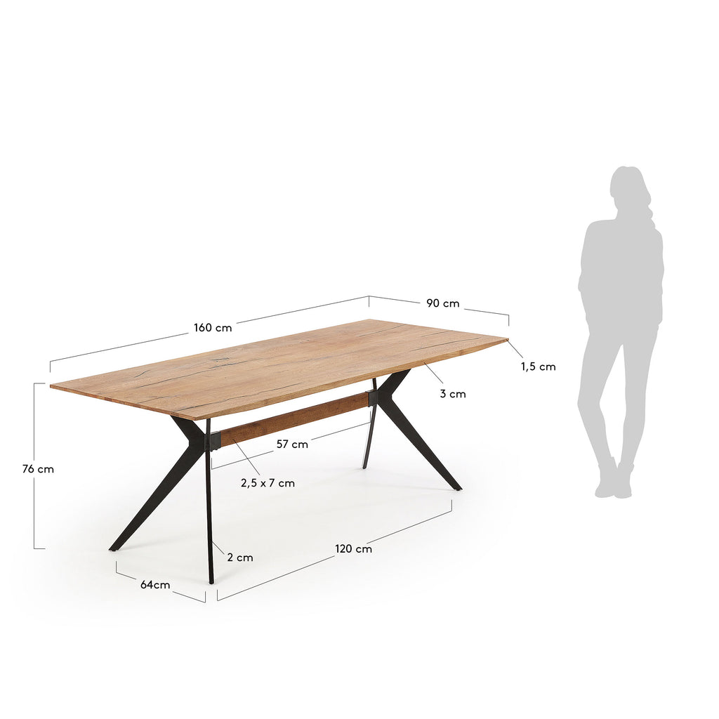 Amethyst oak veneer table with a distressed finish and black steel legs, 160 x 90 cm