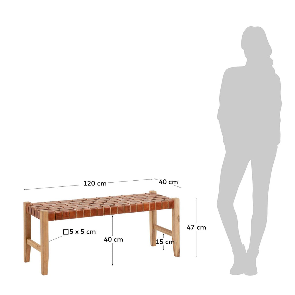 칼리스타 브라운 가죽 티크나무 벤치 120cm