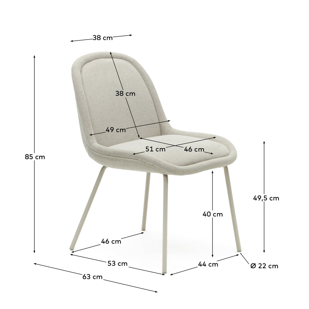 Aimin chair in beige chenille and steel legs with a matte beige painted finish FSC Mix Credit