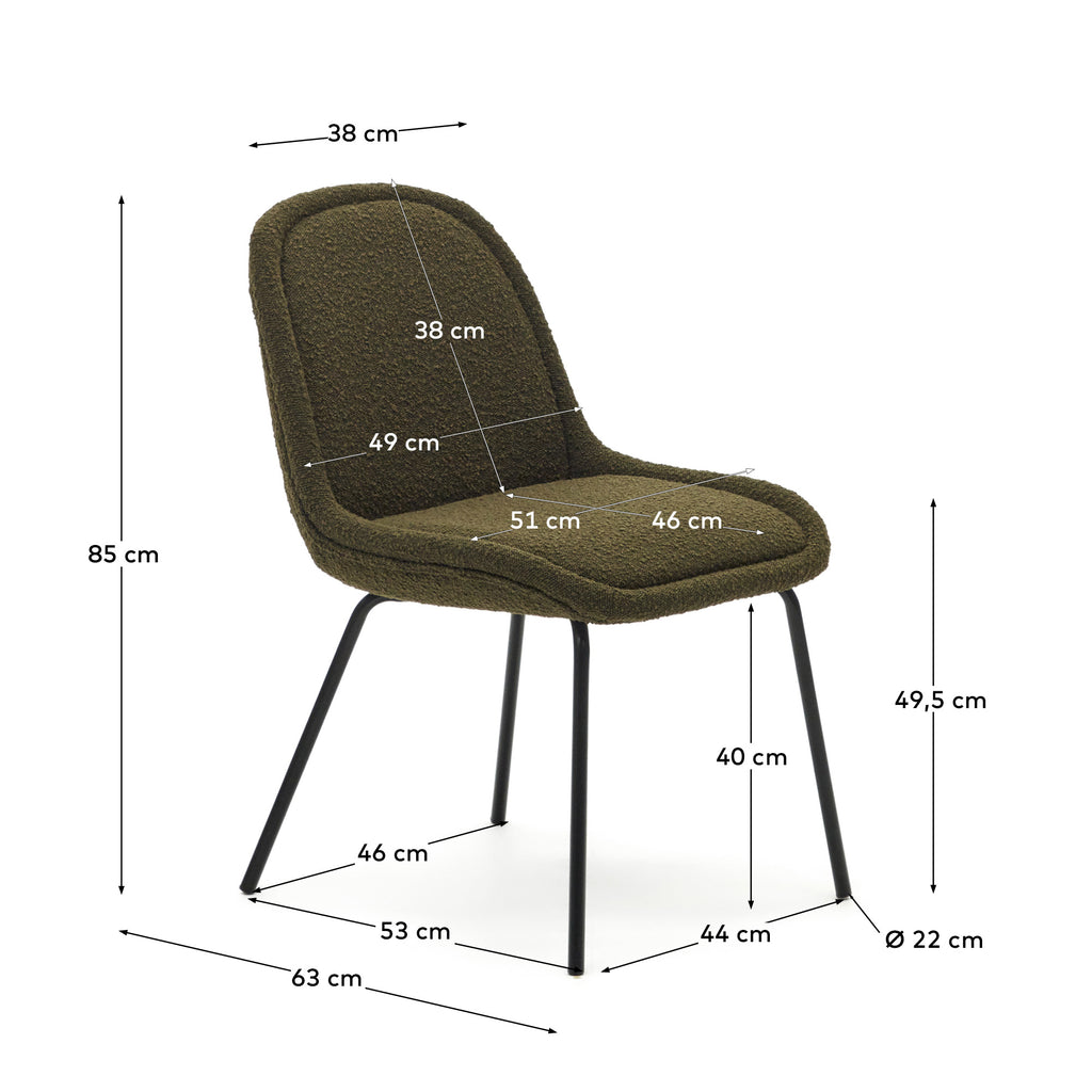 Aimin chair in green bouclé and steel legs with a matte black painted finish FSC Mix Credit
