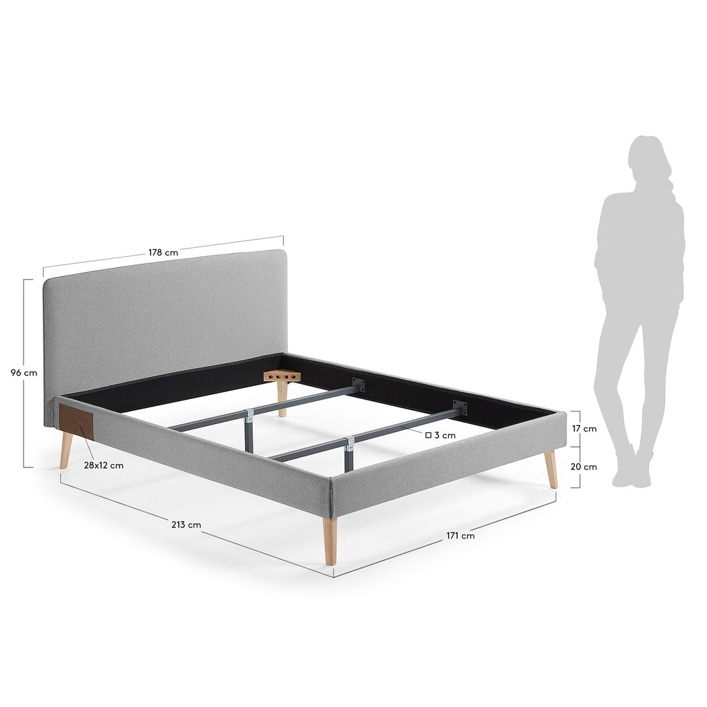 Dyla bed with removable cover in grey, with solid beech wood legs for a 160 x 200 cm mattress