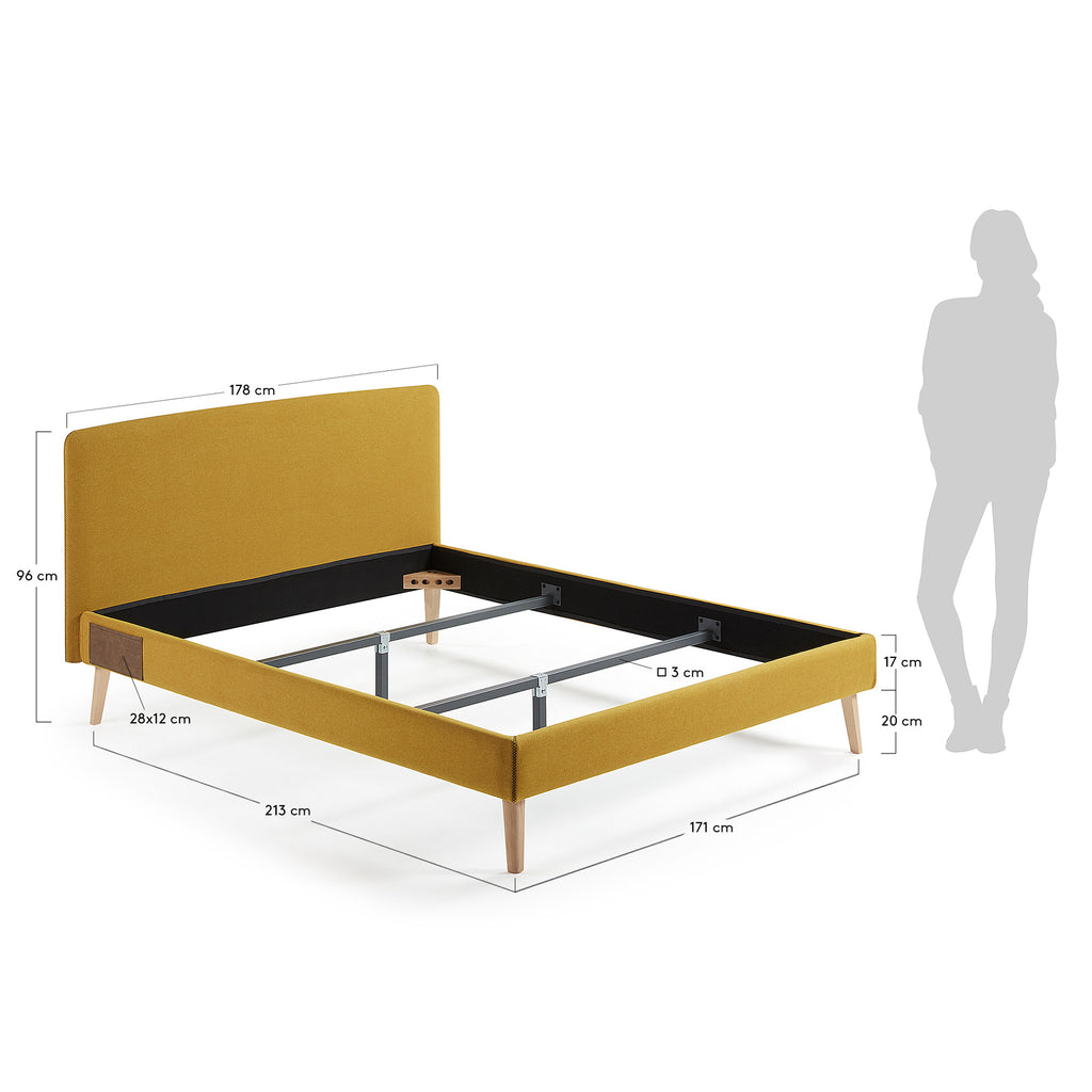 Dyla bed with removable cover in mustard, with solid beech wood legs for a 160 x 200 cm mattress