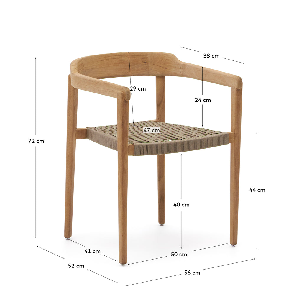 Icaro stackable chair solid teak wood with natural finish and beige rope cord, FSC 100%