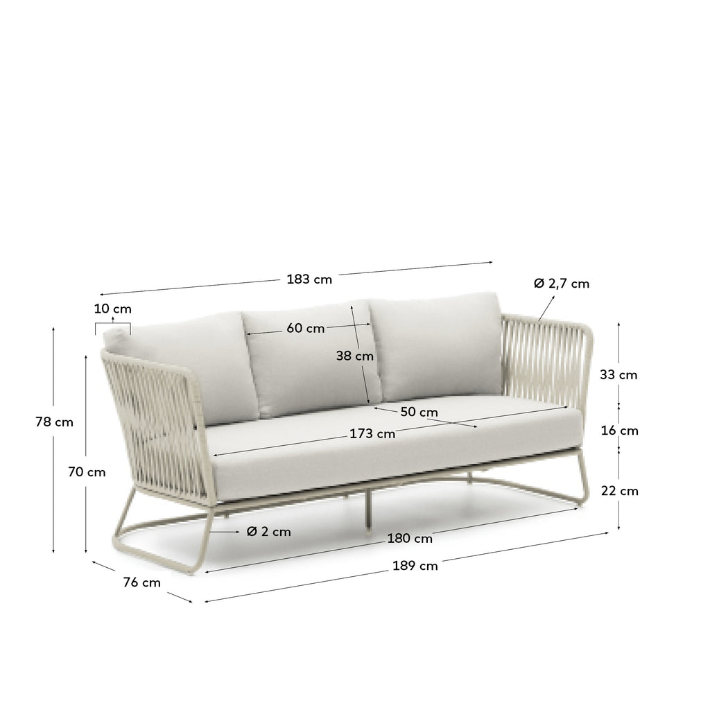 Saconca outdoor 3-seater sofa in rope cord and grey galvanised steel 189cm