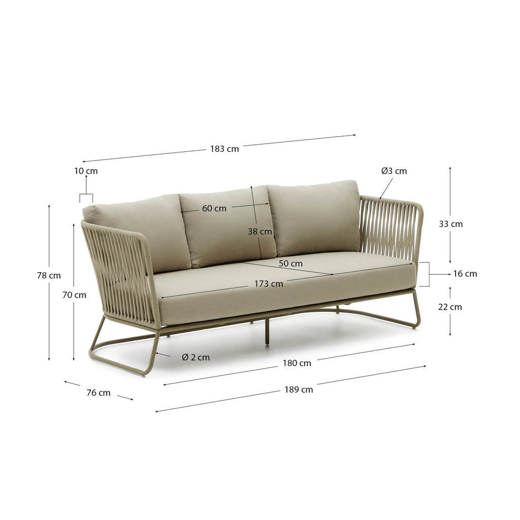 Saconca 3-seater outdoor sofa made of cord and green galvanised steel, 189 cm
