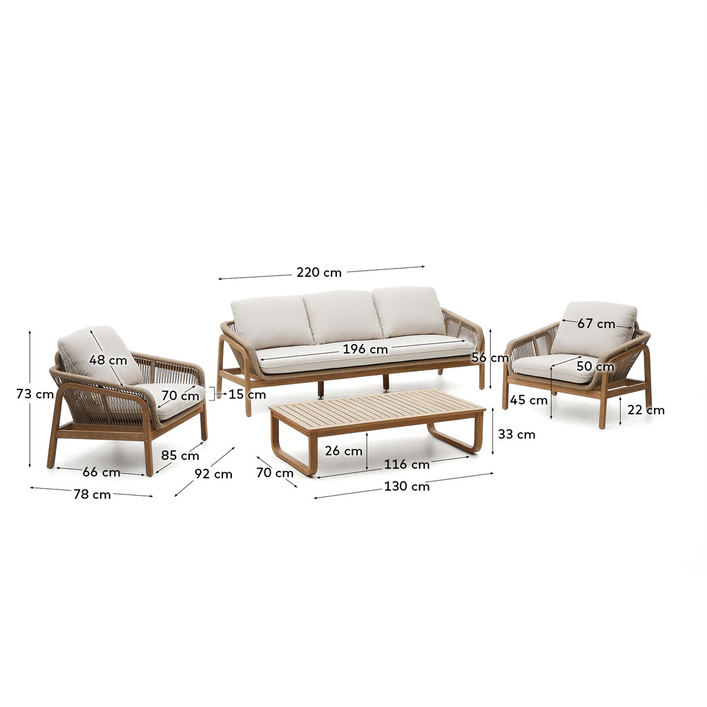 Vellana set: 3-seater sofa, 2 armchairs and coffee table made from FSC 100% solid acacia w