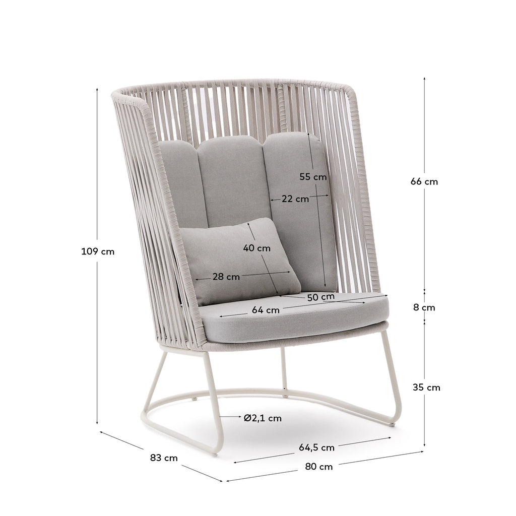 Saconca outdoor armchair with high backrest made of rope cord and grey galvanised steel