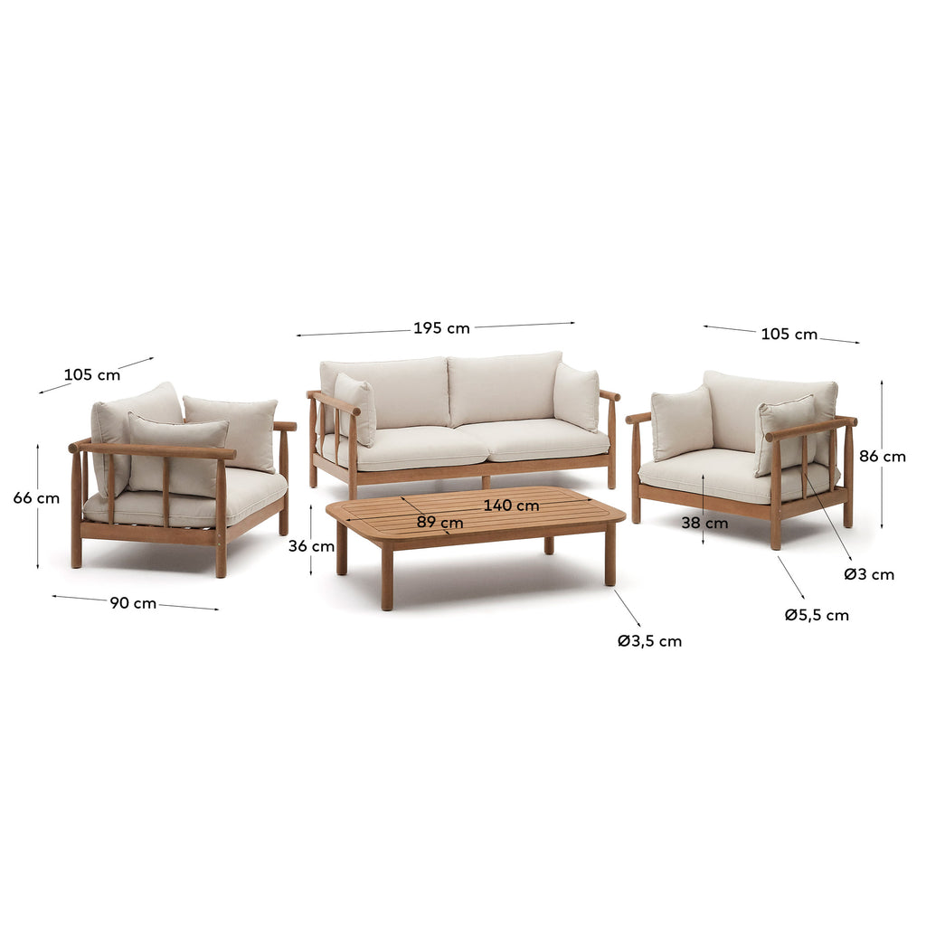 Sacova set of 2 armchairs, 2 seater sofa and coffee table in solid eucalyptus wood FSC