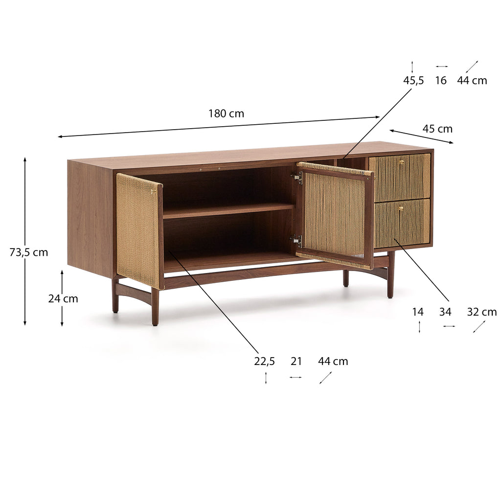 Elan sideboard 2 doors and 2 drawers veneer and solid walnut and cord 180x73cm FSC Mix Credit