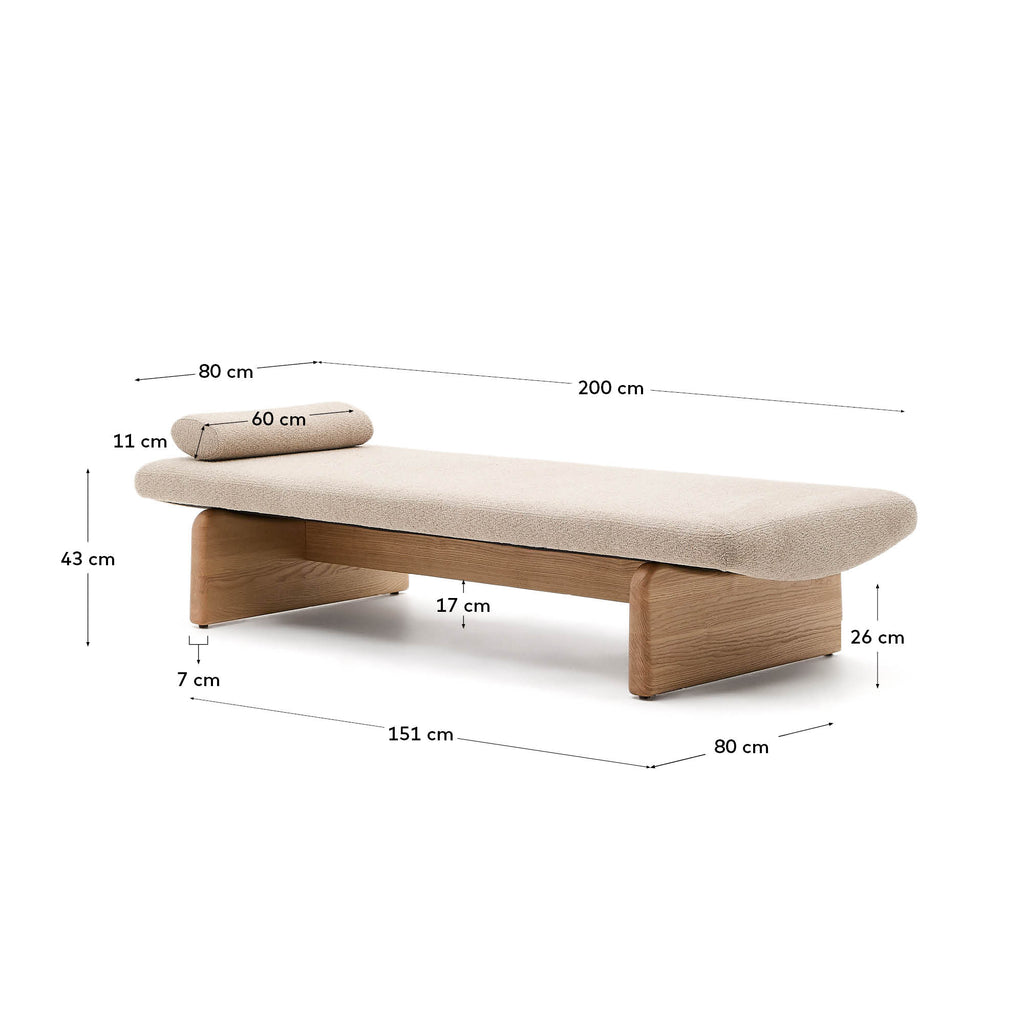 Topaz divan in beige chenille with solid ash wood in a natural finish, 200 cm FSC 100%