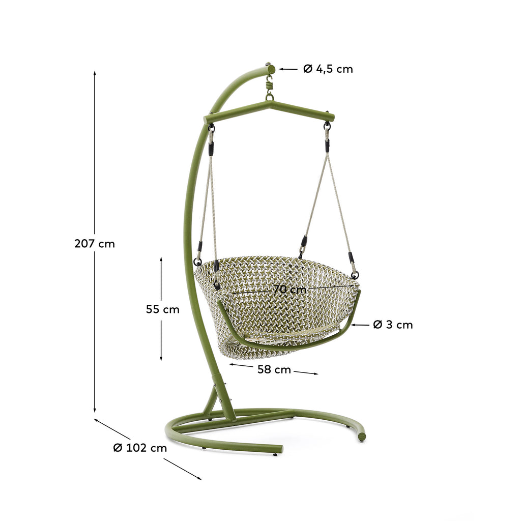 Saliga green hanging armchair with base in aluminium and synthetic rattan