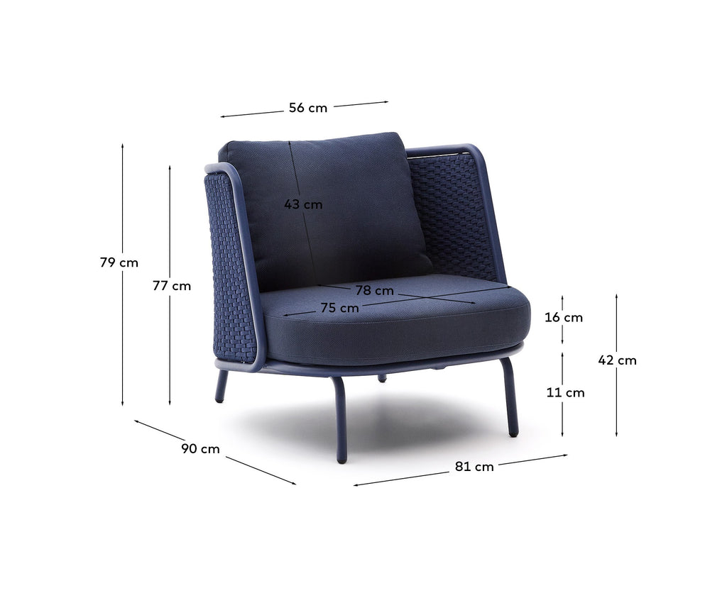 Sedalis outdoor armchair in aluminium and blue rope cord