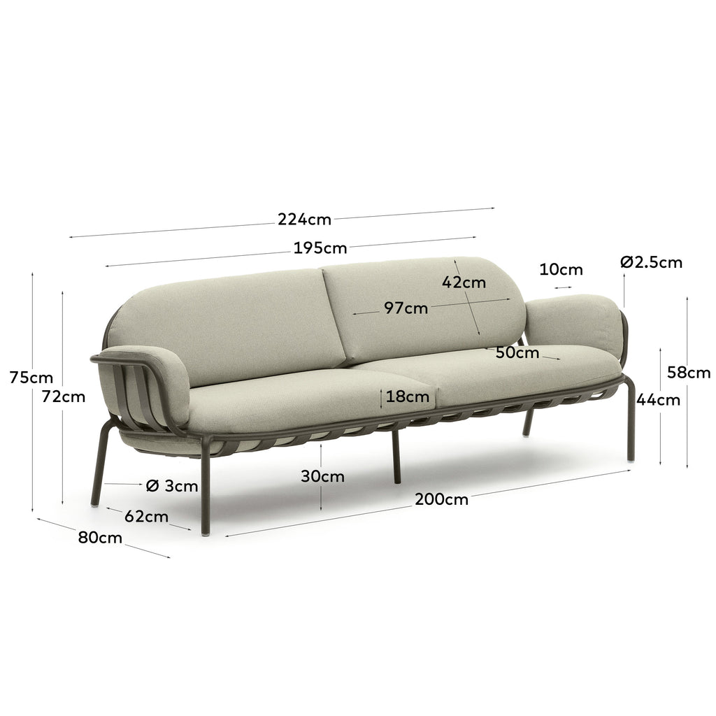 Joncols outdoor aluminium 3 seater sofa with powder coated green finish, 225 cm