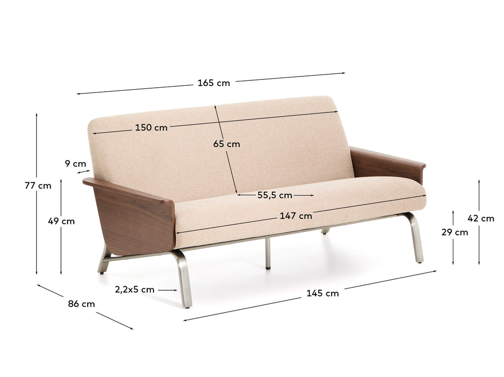 Amsen light brown 2-seater sofa in walnut plywood with brushed stainless steel legs 150cm