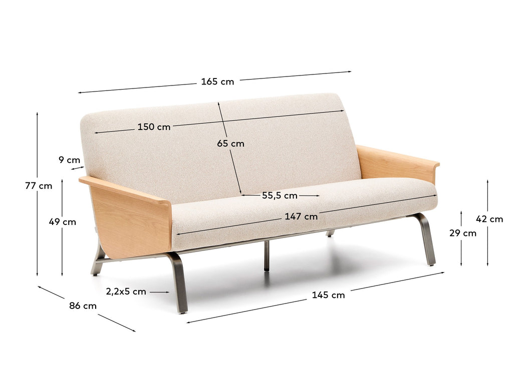 Amsen beige 2-seater sofa in oak plywood with brushed stainless steel legs 150cm