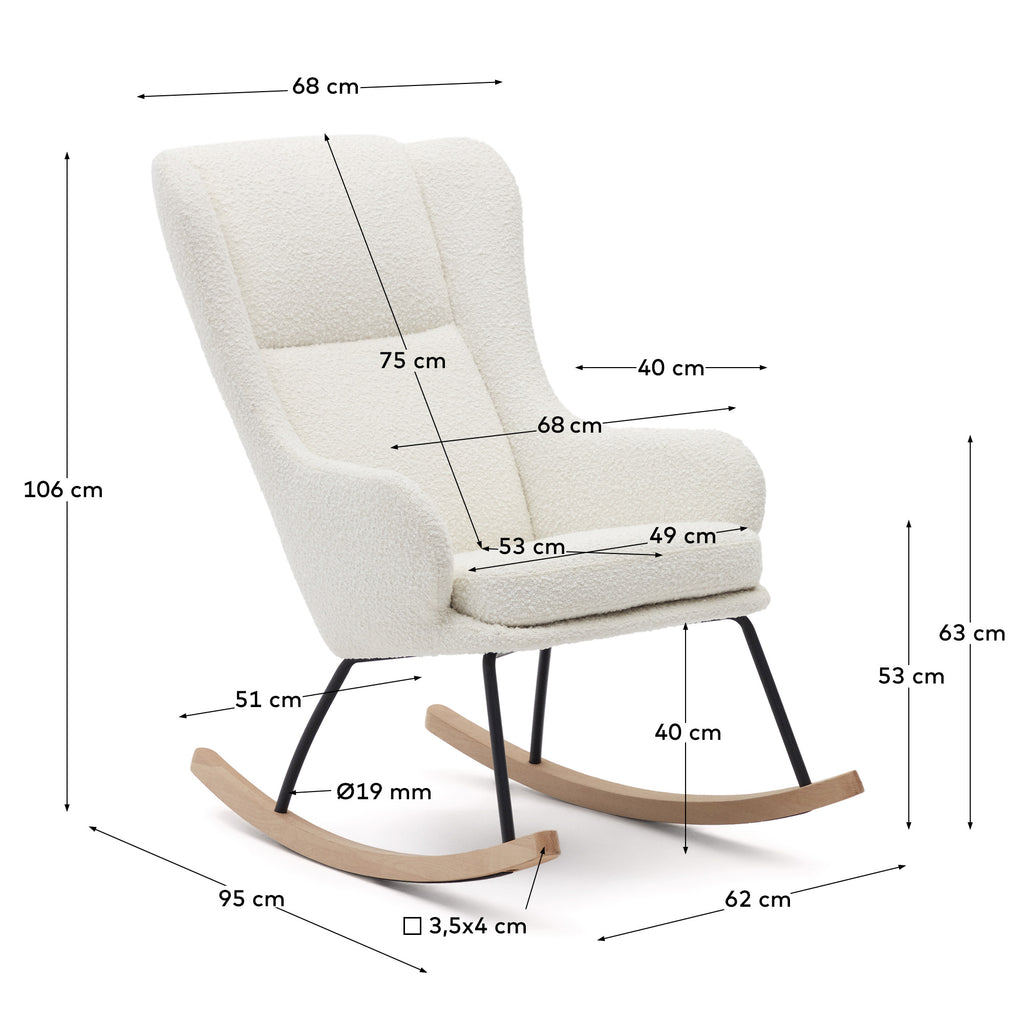 Maustin rocking chair in white bouclé with a black steel structure and beech wood
