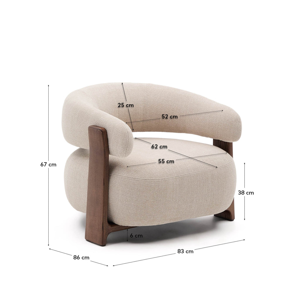 Granite beige chenille armchair with solid ash wood legs in a walnut finish FSC 100%