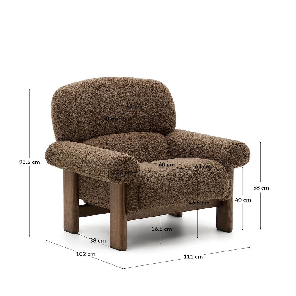 Nema armchair in taupe bouclé with solid ash wood legs in a walnut finish FSC 100%