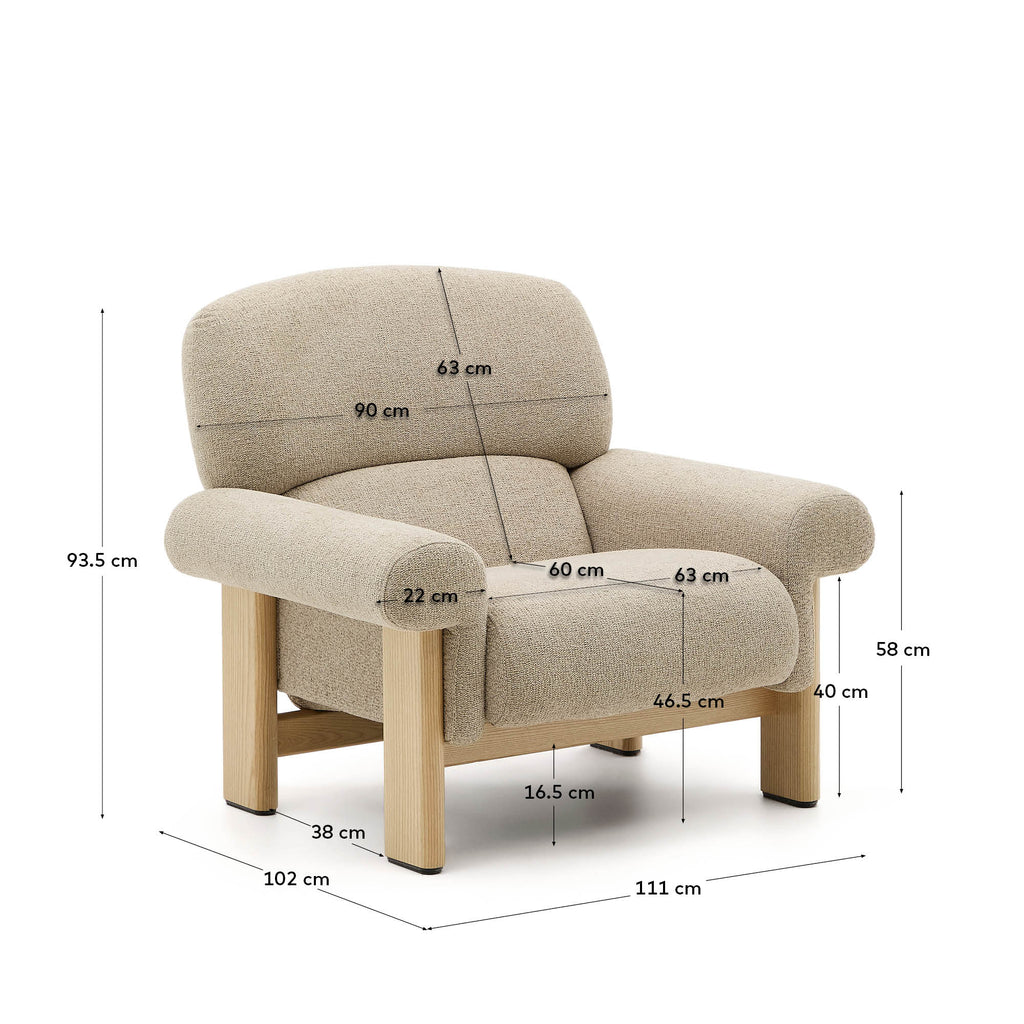 Nema armchair in beige chenille with solid ash wood legs in a natural finish FSC 100%