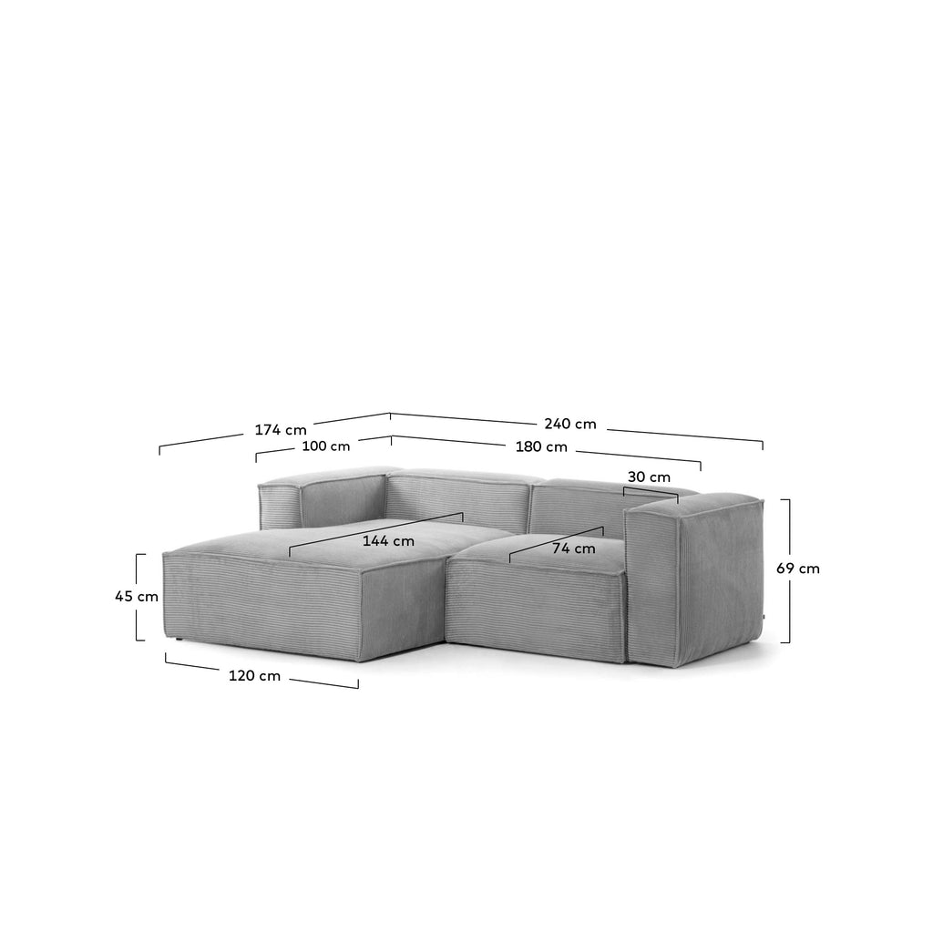 Blok 2 seater sofa with left side chaise longue in grey wide seam corduroy, 240 cm FSC Mix Credit