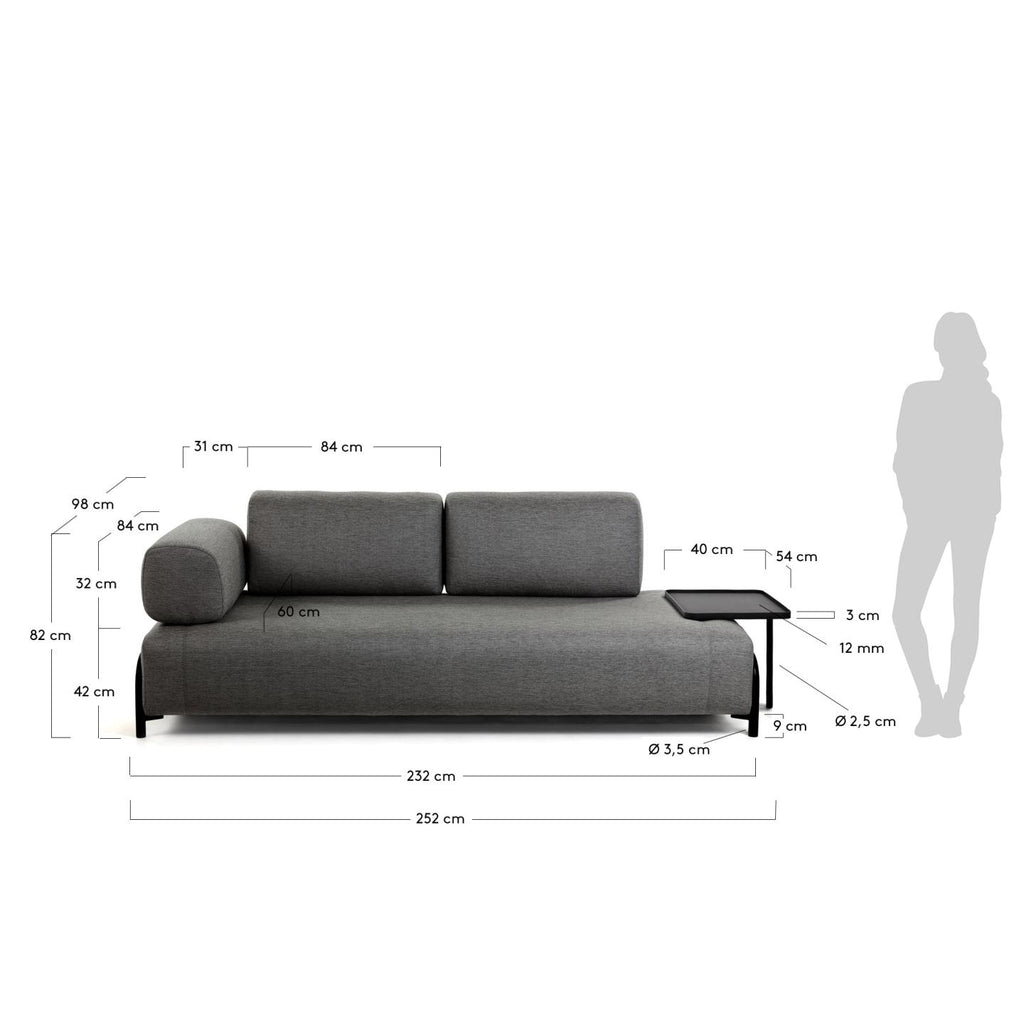 콤포 스페인 직수입 3인소파 다크그레이 232cm (암레스트1+사이드테이블1)