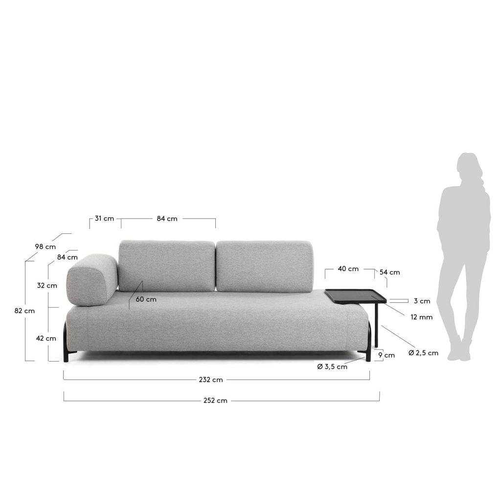 콤포 스페인 직수입 3인소파 라이트그레이 232cm (암레스트1+사이드테이블1)