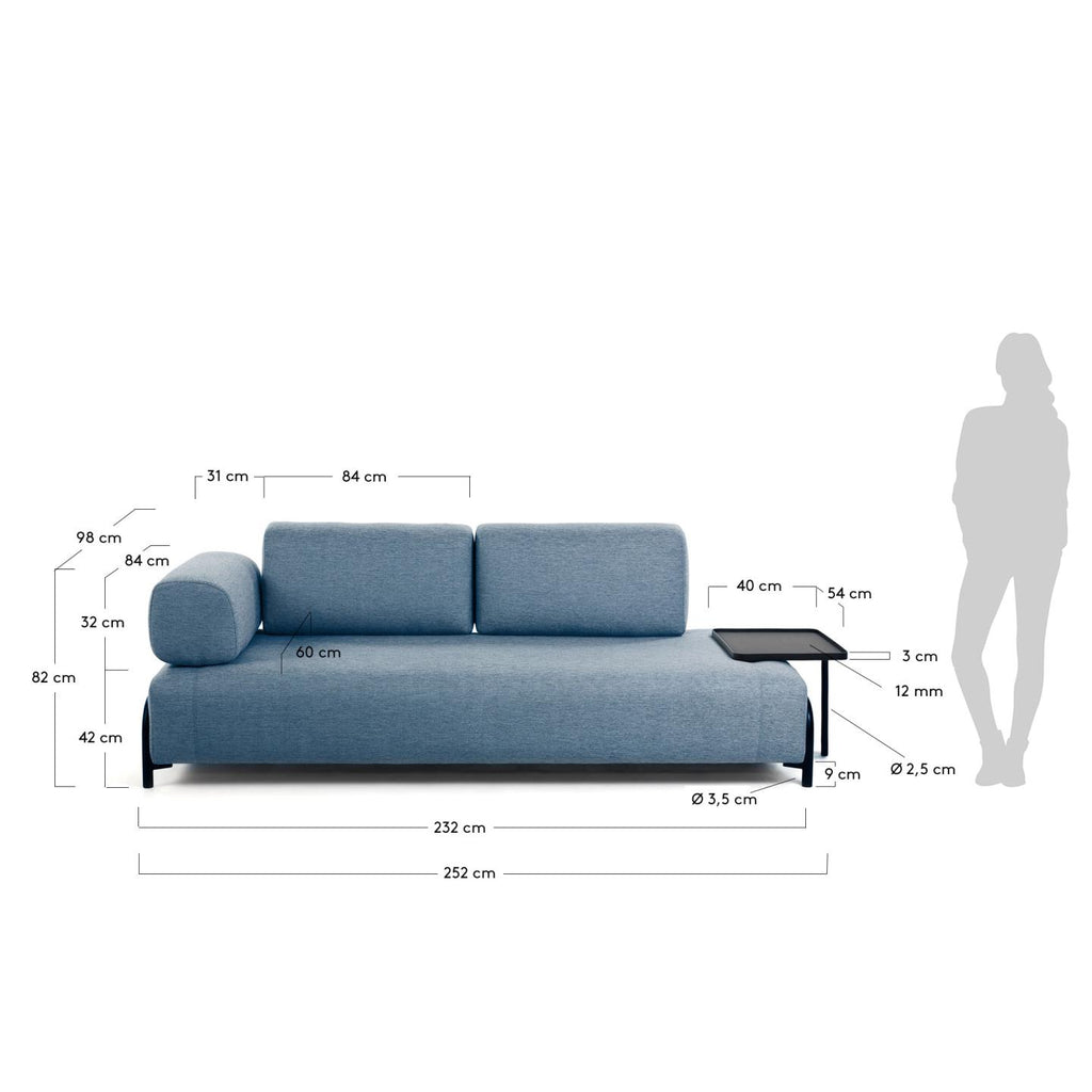 콤포 스페인 직수입 3인소파 블루 232cm (암레스트1+사이드테이블1)