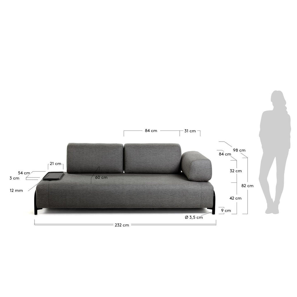 Compo 3 seater sofa with small tray in dark grey, 232 cm