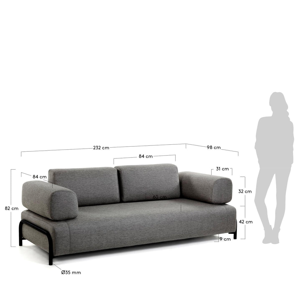 Compo 3 seater sofa in dark grey, 232 cm