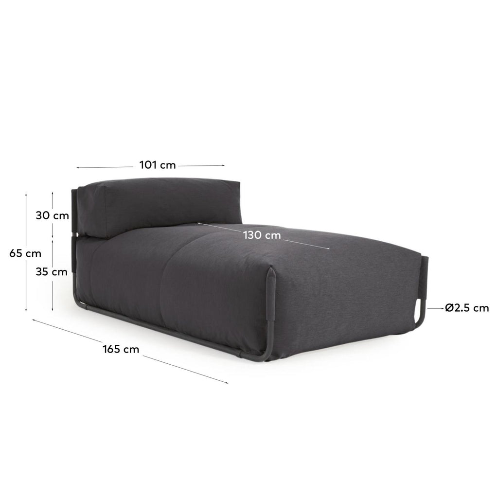 Square chaise longue pouffe with backrest in dark grey with black aluminium, 165 x 101 cm