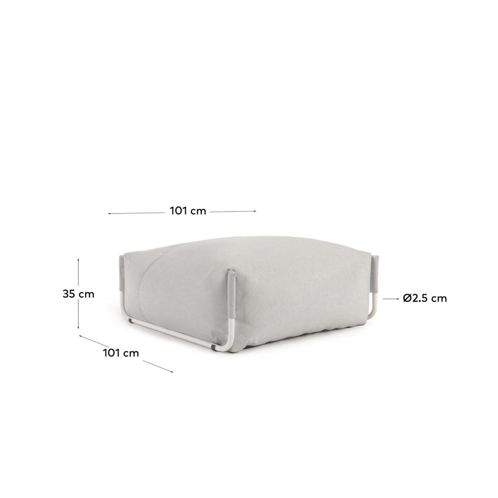 Square modular 100% outdoor sofa pouffe in light grey with white aluminium, 101 x 101 cm