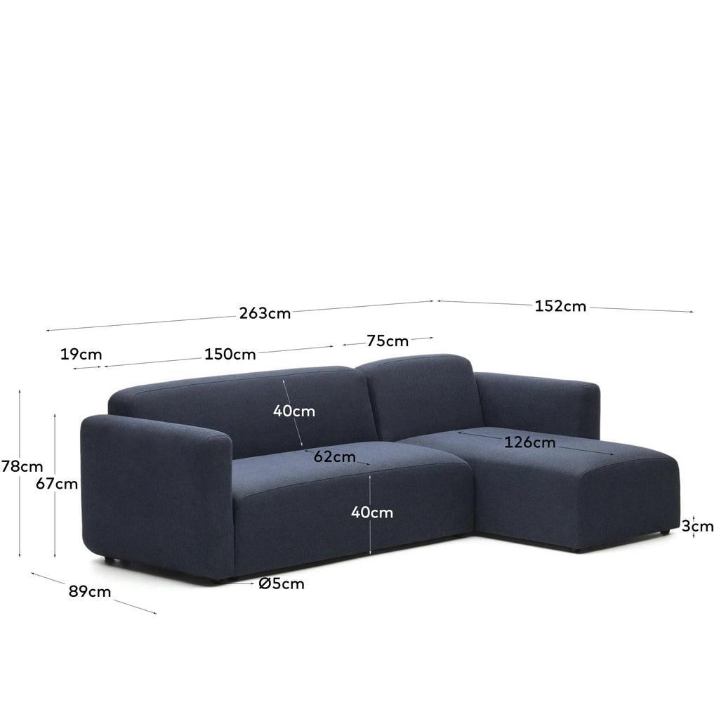 Neom 3 seater modular sofa, right/left chaise longue in blue, 263 cm FSC Mix Credit