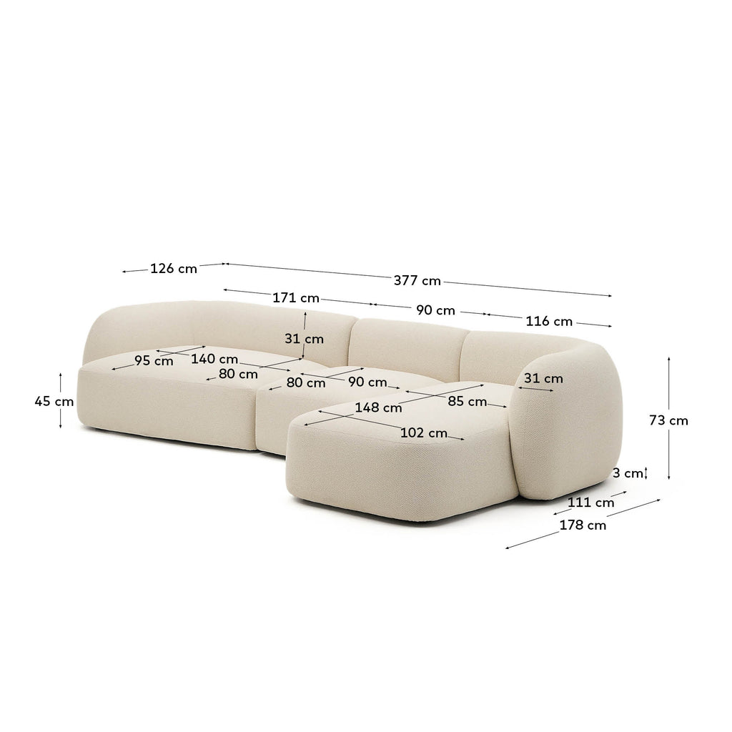 Martina ecru chenille 4-seater modular sofa with right chaise longue 377cm