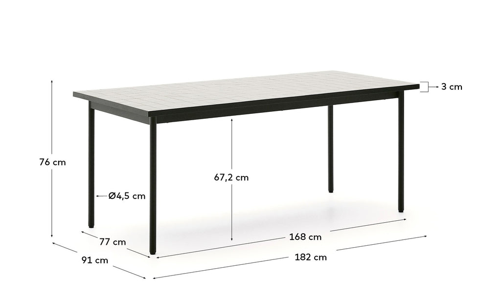 Maurina outdoor table in green galvanised steel with ecru-colored tiles 182 x 91cm