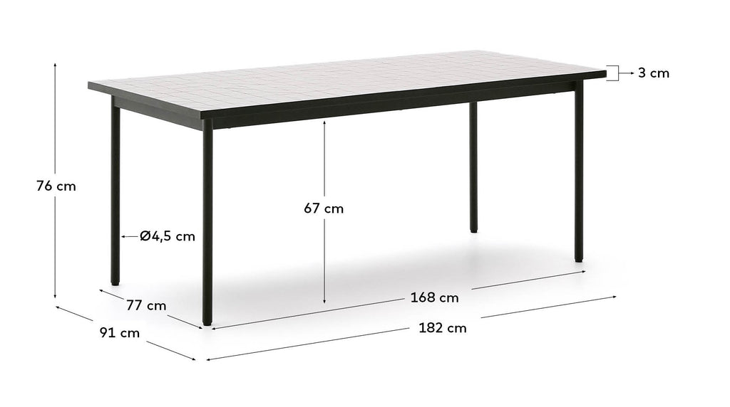 Maurina outdoor table in green galvanised steel with ecru-colored tiles 182 x 91cm