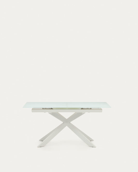 Vashti extendable table in glass and MDF with steel legs in white, 160 (210) x 90 cm