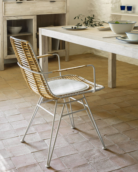 Tishana rattan and white steel chair with armrests