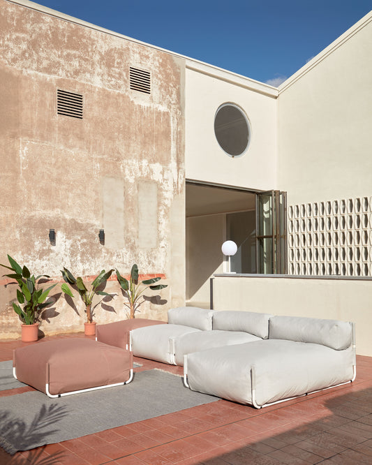 Square modular 100% outdoor sofa pouffe in terracotta with white aluminium, 101 x 101 cm
