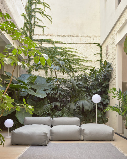 Square modular 100% outdoor sofa pouffe in light grey with white aluminium, 101 x 101 cm