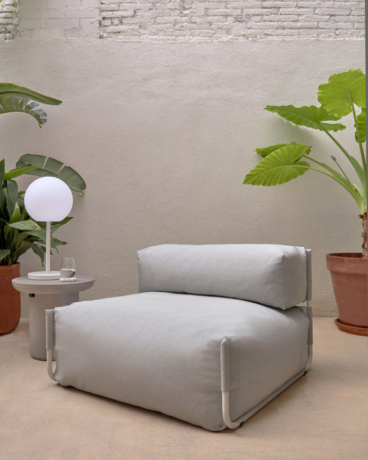 Square modular 100% outdoor sofa pouffe w/ backrest, light grey, white aluminium 101x101cm