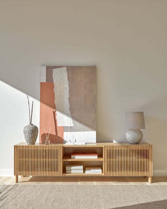 Beyla 2-door TV stand in solid ash wood and oak veneer 180 x 49.5 cm FSC 100%