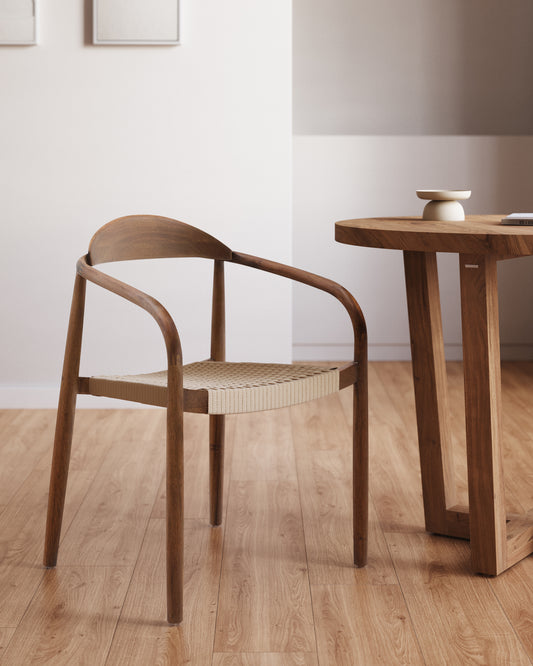 Nina stackable chair in solid acacia wood with walnut finish and beige rope seat FSC 100%