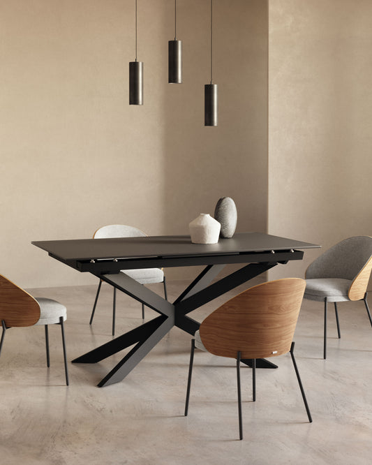Atminda extendable table in glass and MDF with steel legs in white, 160 (210) x 90 cm