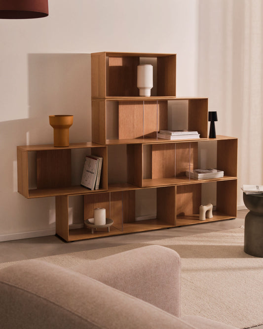 Litto set of 6 modular shelving units in oak wood veneer, 168 x 114 cm