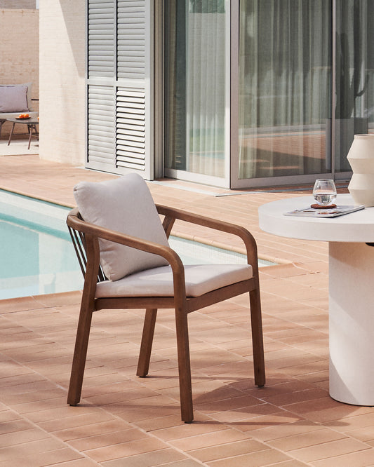 Malaret stackable chair in solid eucalyptus and beige cord, FSC